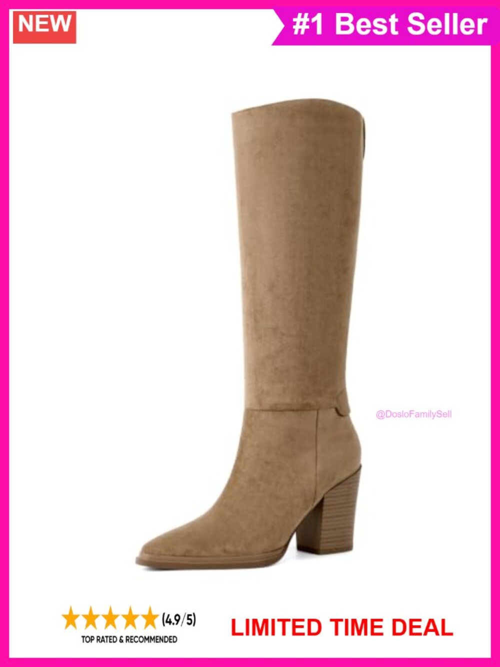 Knee High Boots Pointed Toe Chunky Heel Tall Faux Suede Boots